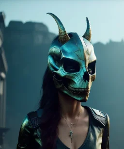 A badass Sofia Buttela wearing a dragon skull mask, atmospheric, realistic, unreal engine, cinematic lighting, octane render.