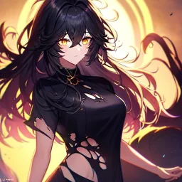 Clear focus, 8k, beautiful lighting, vibrant colors, girl, black long hair, vibrant golden eyes, messy hair, hair in between the eyes, rip clothes,