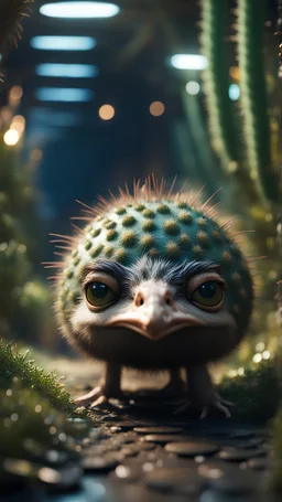 Ostrich turtle cactus with friendly cute face and hair locks in dark lit reflective wet jungle metallic hall dome hotel tunnel, in the style of a game,bokeh like f/0.8, tilt-shift lens 8k, high detail, smooth render, down-light, unreal engine, prize winning