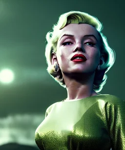 Ultra Realistic retro sci-fi 1960 scene, waist up view portrait, blonde woman, sweet young Marilyn Monroe face, perfect iris, tight latex coat, Strange planet background, Retro sci-fi tight style, sphere dron, fog, rain, soft color, highly detailed, unreal engine 5, ray tracing, RTX, lumen lighting, ultra detail, volumetric lighting, 3d, finely drawn, high definition, high resolution.