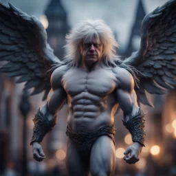 boris johnson grey angel nephilim vampire with muscles and big wig, Guiding souls through twilight, where the shadows flee In this realm of aftermath, phantoms softly tread Following the will-o-wisp, where the lost are led ,bokeh like f/0.8, tilt-shift lens 8k, high detail, smooth render, down-light, unreal engine