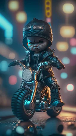 A Sharp Kawaii tiny hyper realistic humanoid baby peakyblinder riding mini harley davidson, wearing bikers clothes with freestyle action, night of cyberpunk city background. wide angle full body, 8k, Cinematography, photorealistic,epic composition Unreal Engine,Cinematic, Color Grading, Portrait Photography,Ultra-Wide Angle, Depth of Field, hyper detailed