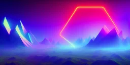 3d rendering. Abstract futuristic neon background. Fantastic landscape with glowing geometric triangular frame and mountains