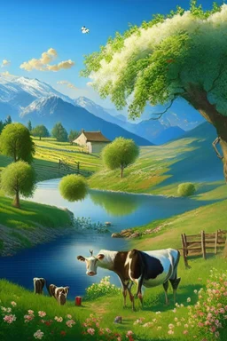 countryside, morning, sun, mountains, green, flowers, cows, clear sky, river, apple tree, basket, sky, grass