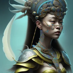 Sango fantasy, fantasy magic, intricate, sharp focus, illustration, highly detailed, digital painting, concept art, matte, art germ and Paul Lewin and Kehinde Wiley, masterpiece Mayan princess dancer head bronze feather's' Asian Latin girl nice breast brown Thai hair turquoise silver blue sky