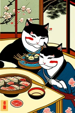 ukiyo-e style painting of two cats , sitting at a table, eating sushi