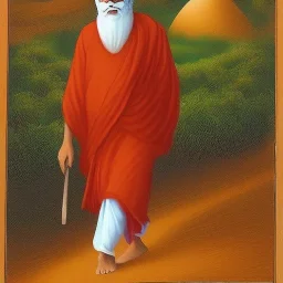 guru nanak dev ji walking away from camera, wearing saffron clothes walking in the dessert towards Mecca