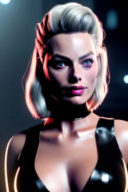 Margot Robbie dressed in shiny black leather, frank miller sin city, busty, cleavage, volumetric lighting, particales,highly detailed,cinematic, deep colours,8