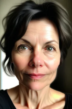 A selfie of a brunette woman, short hair taken at spa salon. showing incredibly beautiful extremely attractive 57-year-old European woman. (She has white skin, tousled black hair, pretty face without makeup, big round brown eyes, cute profiled nose, detailed full lips.)