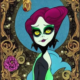 extrem tim burton style and disney style of an old and extrem malicious stepmother, sharp focus, sneaky eyes