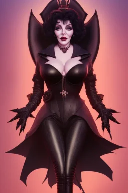 Joan Collins as evil queen in black leather, leather, busty, cleavage, angry, stern look. character design by cory loftis, fenghua zhong, ryohei hase, ismail inceoglu and ruan jia. unreal engine 5, artistic lighting, highly detailed, photorealistic, fantasy