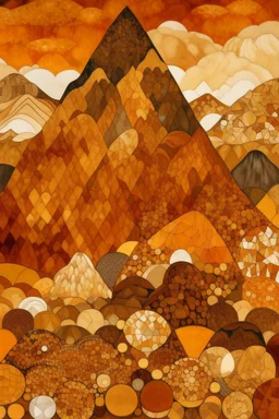 A brown mountain with amber stones designed in medieval tapestry painted by Frank Lloyd Wright