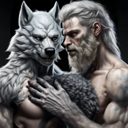 Teo the anthropomorphic strong gray hairy body wolfman holds between his paws the anthropomorphic pale hairy body wolfwoman's face , photo from face, neck and shoulders, blur background., high detalied, high realistic, sci-fi and fantasy mood