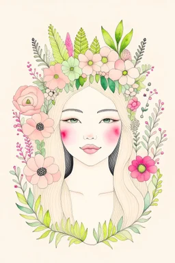 A simple, minimalistic art with mild colors, using Boho style, fairytale, floral crown