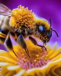 A macro shot of a honeybee, covered in pollen, as it collects nectar from a brightly-colored flower.