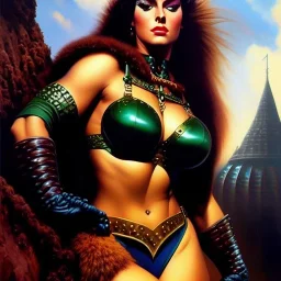 portrait oil on canvas, beautiful busty female Barbarian Warrior,green eyes, ,minimal armor,comic book cover, mystical colors,insanely detailed,realistic,intrincate detail, 16k resolution, masterpiece,Frank Frazetta,Alex Horley, Simon Bisley