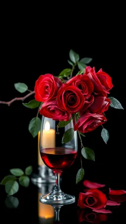 The image is a digital artwork that depicts a branch of tree of Red roses and leaves tangling down cr The background is black, which makes a branch of a tree of red roses stand out even more adding to the dreamy, ethereal quality of the image.all leaves and A big sweat drop of water on the outside the glass of red wine up in front the roses. A dim light candle in the background