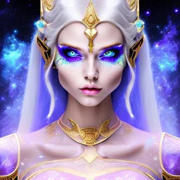 cosmic mage, elf, female, battle mage, epic, cosmic magic, long ears, white hair, face details, pale skin, detailed eyes, jewellery, broad shoulders, glowing eyes, sharp ears, cosmic clothes, bright eyes, cosmic eyes, ears between hair