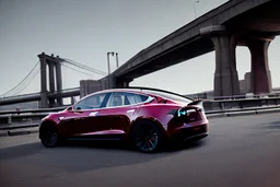A Tesla 'Model 3' is parked, on the 'FDR Drive', eastern Manhattan. (CINEMATIC, WIDE ANGLE LENS, PHOTO REAL)