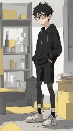 generate a tall guy with green eyes, black short hair, black rectangular glasses, plump lips, wide shoulders, in a black sweatshirt, black pants with pockets on the hips, yellow short socks, in black sneakers, wide shoulders, the guy is crying