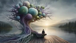 back to the camera on unique bench a figure sittings in a beautiful landscape and overlooking the water of the nearby lake, calm, harmonious atmosphere, muted dark colors, purple, white, gray, green, blue, brown, silver, and pale colors, ,not too colorful colors, Whimsical style and giant stunning neuron network all over the sky, half shadow and half light picture, surreal stunning vibe