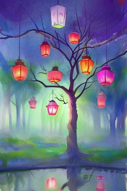 tree in a magical forest, aquarell, lanterns hanging on the tree