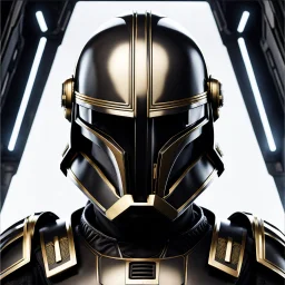 star wars bald male corellian pilot wearing pearlescent black and gunmetal grey First Order special forces heavy assault armor and helmet with gold trim inside the jedi temple, centered portrait, hyperdetailed, dynamic lighting, hyperdetailed background, 8k resolution, volumetric lighting, light skin, fully symmetric details