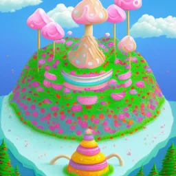 A landscape shot In the background A mountain made of cakes . above the mountain are pink and blue cumulus clouds made of cotton candy. a forest of lollipops and candy canes surround the lake. in the center a large ice cream float that is a lake. Groups Gingerbread people are sunbathing under a sunflower sun. Some gingerbread people are drinking from the lake