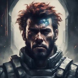 a gritty portrait with matching frame of a futuristic, battle weary space commando