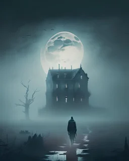 A hauntingly beautiful image of a lone figure walking through a desolate, misty landscape, with a dilapidated mansion in the background and a full moon illuminating the scene.