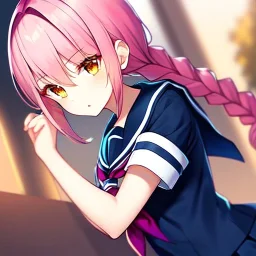 girl, masterpiece, best quality, volumetric lighting, detailed outfit, perfect eyes, pink hair, orange eyes, school outfit, braided ponytail,