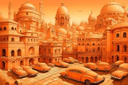 A light rosy orange colored city with cars painted by Leonardo da Vinci