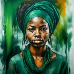A portrait of pretty dark young woman with ethnic head covering in a green shirt painted in large brush strokes by street artist