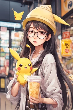 cute anime style asian girl with side swept bangs to left side, wide frame glasses, long hair, mid taper face, holding bubble tea drink, wearing pikachu hat