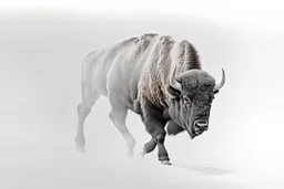 Bison walking towards viewer's right, on white background, fades out on the left