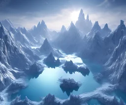A small frozen crystal blue lake centered around snowy mountains, high resolution, realistic, beautiful, volumetric lighting, colorful, masterpiece, crystalline, strong blue color, detailed, aerial view, 8K, intricate details, cyberpunk, cosmic