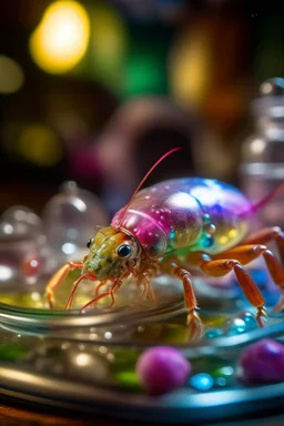 portrait of transparent slimy alien lobster bugs covered with glitter exiting a space ship made of ice cream, smiling with beautiful shiny hair, each inside a pile of transparent jelly bubbles of weird colors, disco egg made of small mirror, light rayz, feast table ,shot on Hasselblad h6d-400c, zeiss prime lens, bokeh like f/0.8, tilt-shift lens 8k, high detail, smooth render, down-light, unreal engine, prize winning