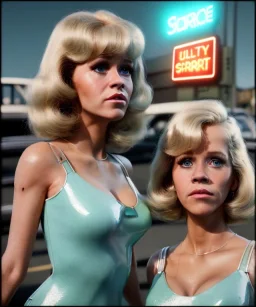 Ultra Realistic retro sci-fi movie Supermarket parking scene, 1960 year, waist up view portrait, 2 clones blonde women, sweet teenager Jane Fonda face, perfect iris, glow eyes, face makeup, tight latex coat, a lot of people, Retro sci-fi style, soft color, highly detailed, unreal engine 5, ray tracing, RTX, lumen lighting, ultra detail, volumetric lighting, 3d, finely drawn, high definition, high resolution.