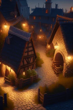 Small medieval village by night extremely detailed high definition crisp quality Unreal Engine VRay