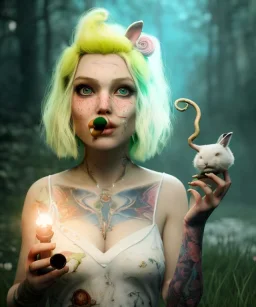 Ultra realistic wonderland photo, happy blonde woman smoking a pipe, blue dress, white rabbit pet, circus dress style, old school tattoo, smoke, marijuana garden, glow eyes, perfect iris, soft color, highly detailed, unreal engine 5, ray tracing, RTX, lumen lighting, ultra detail, volumetric lighting, high definition.