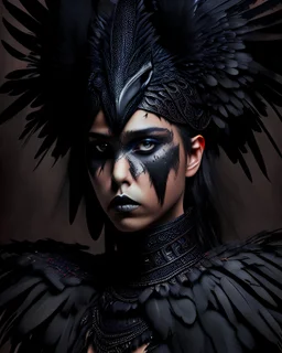 Beautiful young woman portrait adorned vith voidcore shamanism craw bird venetian style headress textured feathers and black craw venetian masque and wearing hawk voidcore shamanism textured craw bird feathered costume armour organic bio spinal ribbed detail of vantablack gothica background extremely detailed hyperrealistic maximálist concept portrait art
