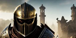 apocalypse, chaotic, magnificent, realistic, colorful, massive, epic, ray tracing, cinematic, 8k, HD, Ultra High Definition, photo film, film grain, hyper-detailed, old tarnished ornate rusty Hyper detailed Gold Gothic Medieval Knight helmet with opaque glass visor covering face and matching suit of armor, background with colorful destroyed ancient gothic ruins