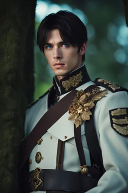 27 year old male with short dark hair and blue eyes, military captain, dark fantasy