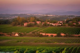 viñedos de viñas viejas y bajas al atardecer con un pueblo al fondo, fotografía real, foto periodismo, fotografía realizada con una cámara Leica y un objetivo de 50mm