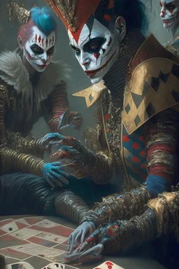 A harlequin character, playing cards with other people , sf, intricate artwork masterpiece, ominous, matte painting movie poster, golden ratio, trending on cgsociety, intricate, epic, trending on artstation, by artgerm, h. r. giger and beksinski, highly detailed, vibrant, production cinematic character render, ultra high quality model