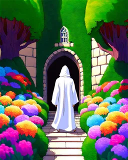 Castle hedge maze with multicolored flowers and hooded figure in white robes rpg art painterly