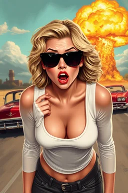 an young woman leaning forward(cropped from between nose and hips, white top with wide neck opening, cleavage, hands at side of face, with surprised shocked expression, home alone scream, blonde wavy hair, large sunglasses), nuclear explosion and 1950s Cars in background, greaser, digital painted illustration