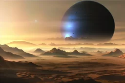 Alien landscape with exoplanet in the sky, over the valley. Pond, cinematic, movie poster