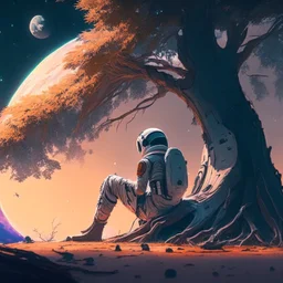 A lonely astronaut sits under the shade of an old tree on the edge of a planet. He looks at a beautiful galaxy. And he is thinking while waiting for his love.4k, high resolution. full detail. digital art, anime