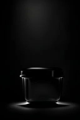 transparant plastic cilinder shaped container, view from the front, dark studio setting, black background